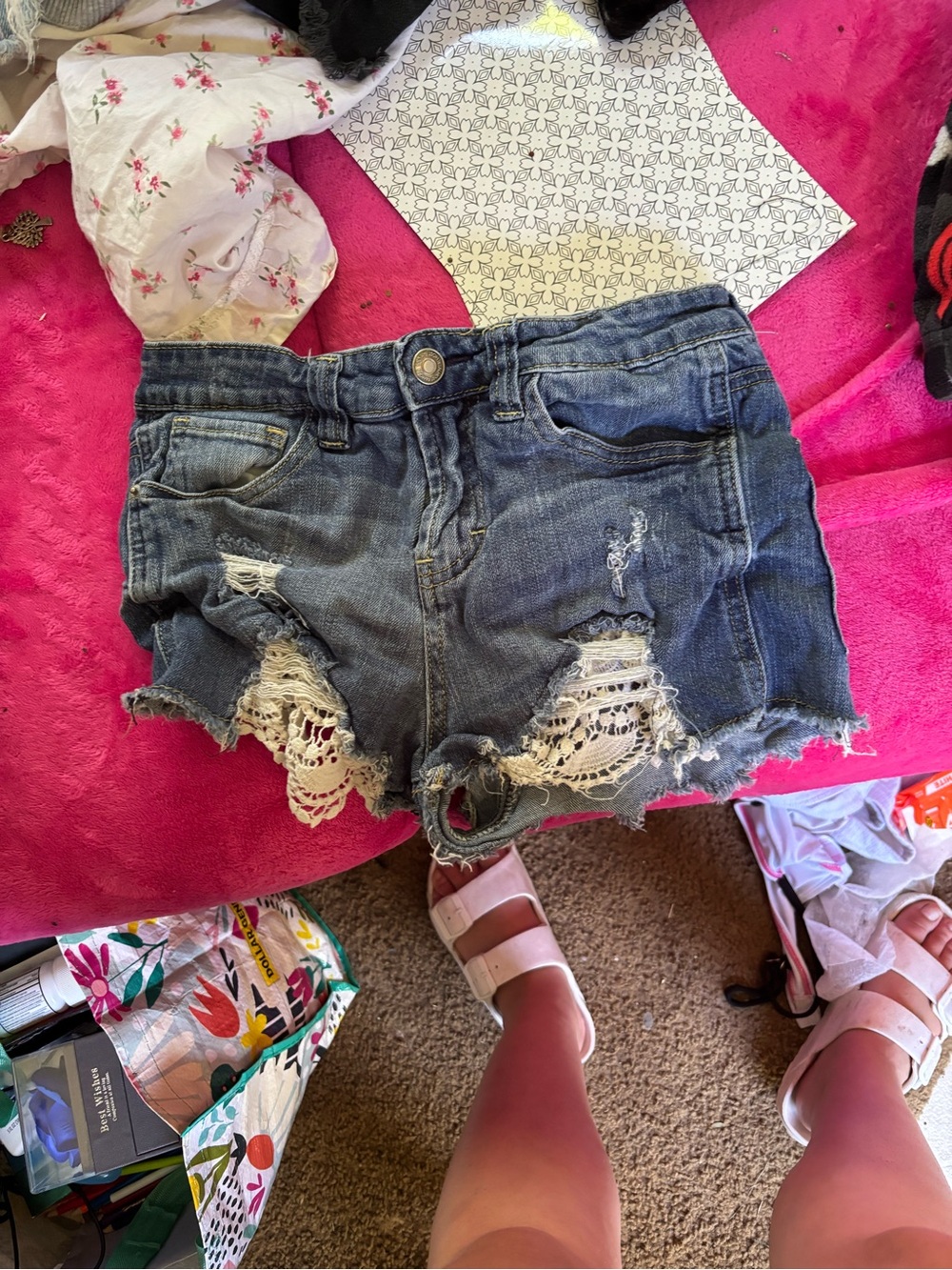 No Boundaries Distressed Denim Shorts with Crochet Trim - Blue